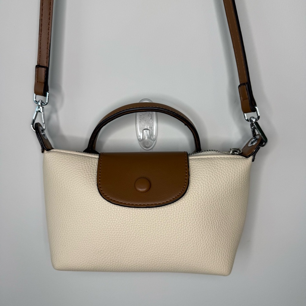 Faux Leather Mini Crossbody Cream with Brown Leather Strap - Picture 2 of 8
